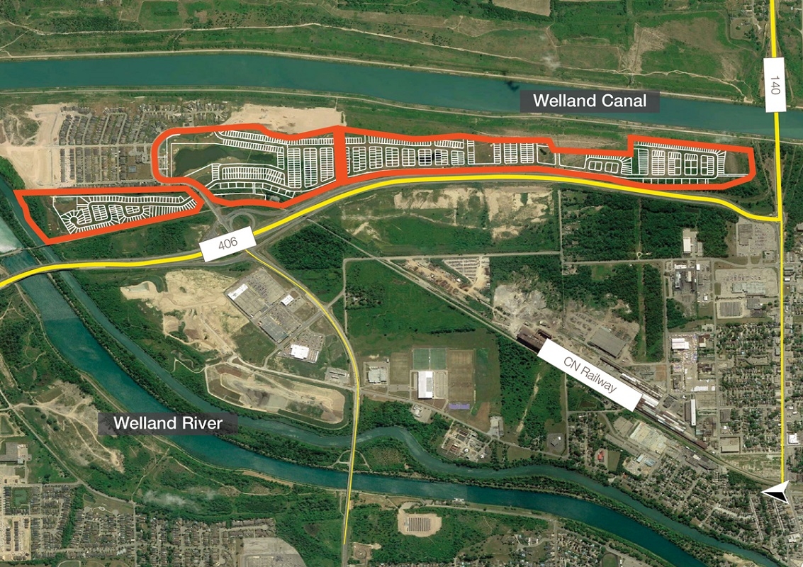 Hunters Pointe Aerial with Property Outlined and view of the Welland Canal, Welland River, Highway 406 and the CN Railway route