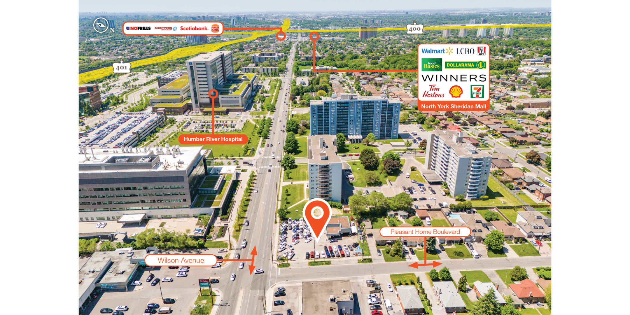 1128 Wilson Avenue aerial view showing the neighbourhood amenities