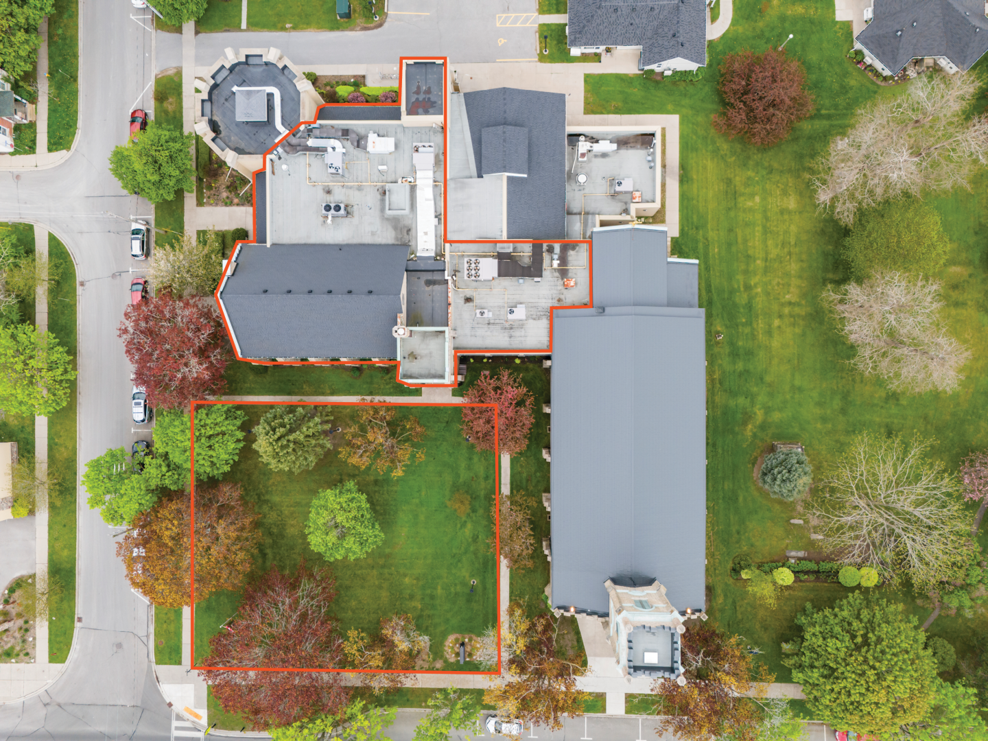 240 College Street whole building aerial view with outdoor space