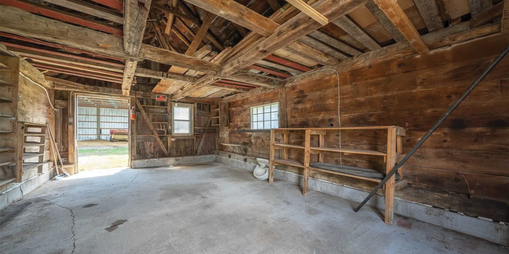 1134 County Road 15 Shed Interior with Wooden Beams